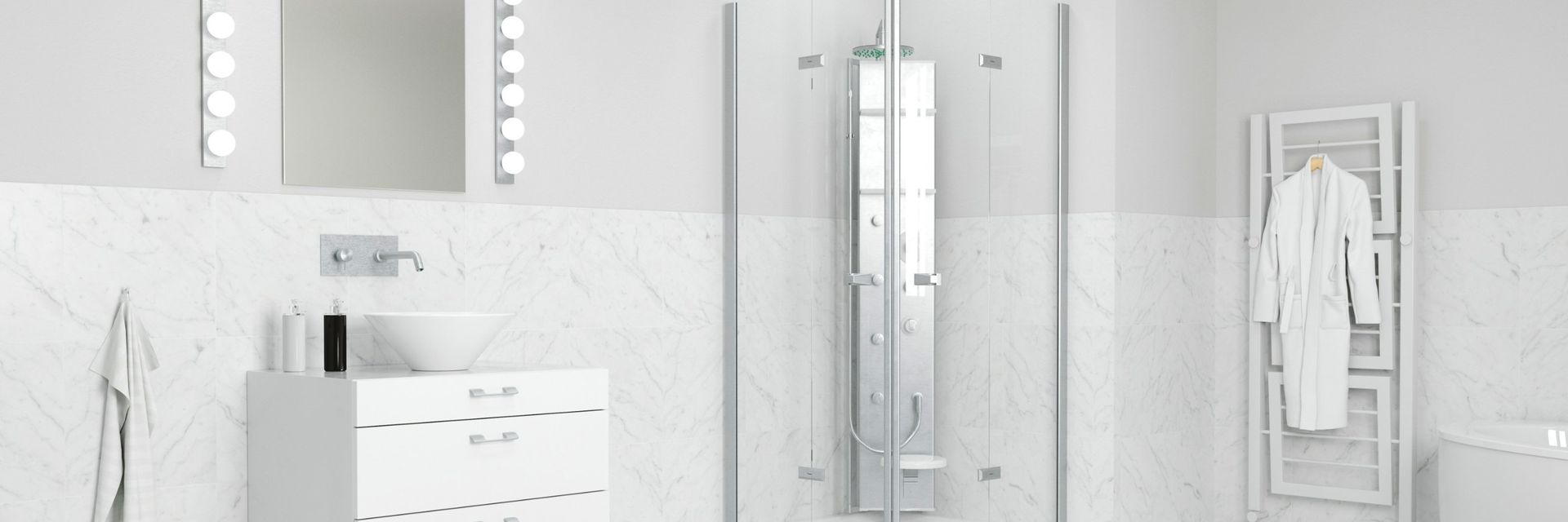Helles, modernes Badezimmer mit Eckdusche und Waschtisch